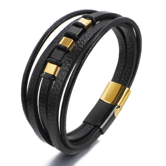 Hot sale color mixing block PU leather layer men bracelet