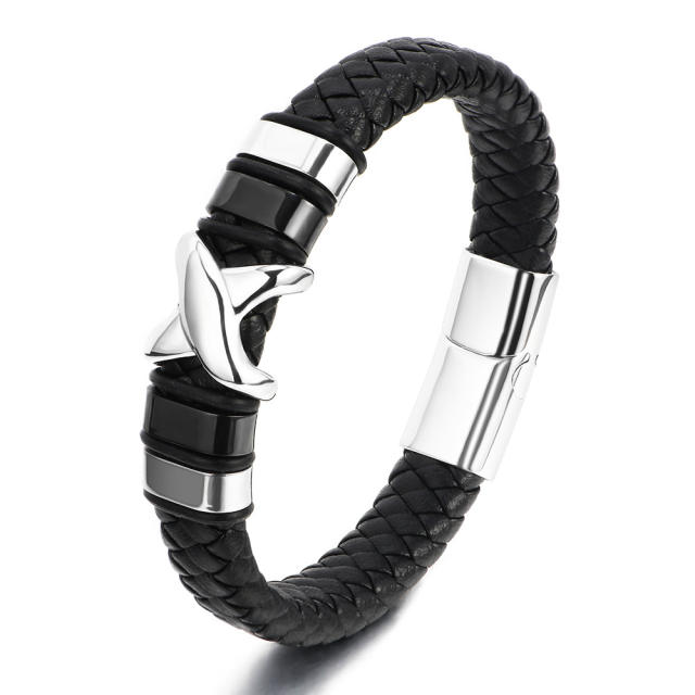 Personality X letter stainless steel PU leather men bracelet