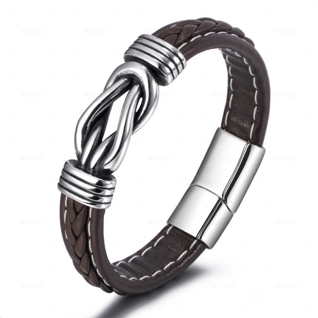 Easy match stainless steel knot PU leather men bracelet