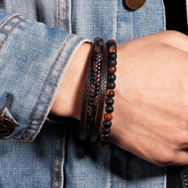 Hot sale natural tiger eye stone bead pu leather multi layer bracelet for men