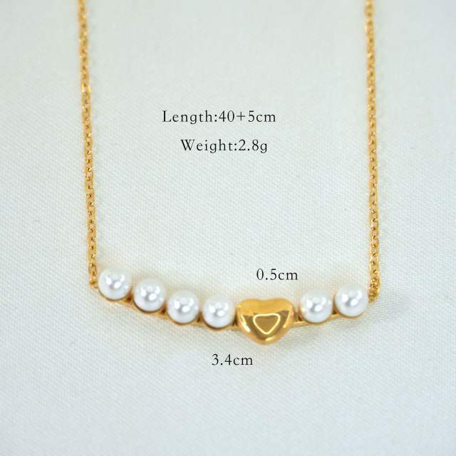 Dainty pearl bead mother shell heart pendant stainless steel necklace
