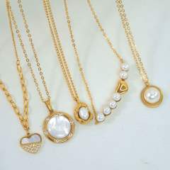 Dainty pearl bead mother shell heart pendant stainless steel necklace