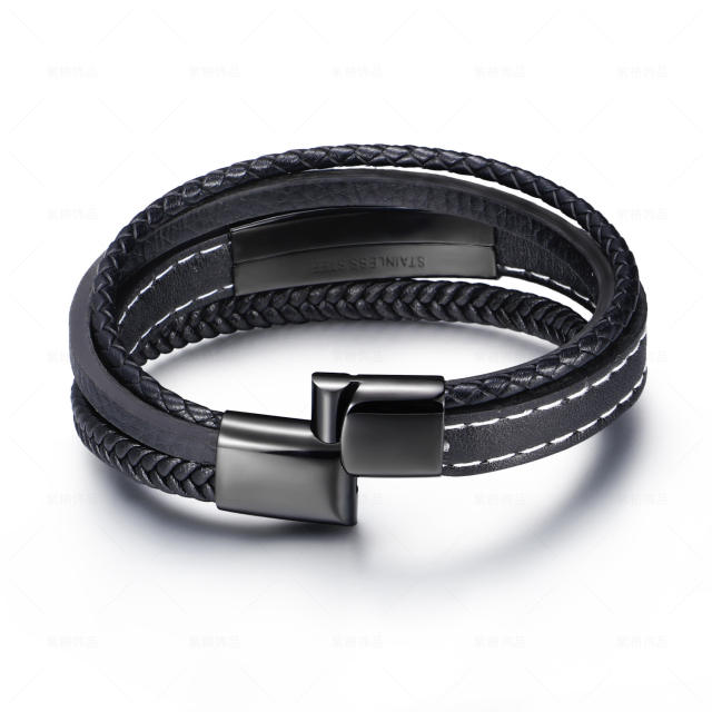 Multi layer pu leather stainless steel plate bracelet for men