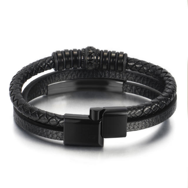 Vintage layer PU leather stainless steel bracelet for men
