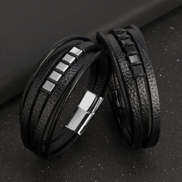 Hot sale color mixing block PU leather layer men bracelet