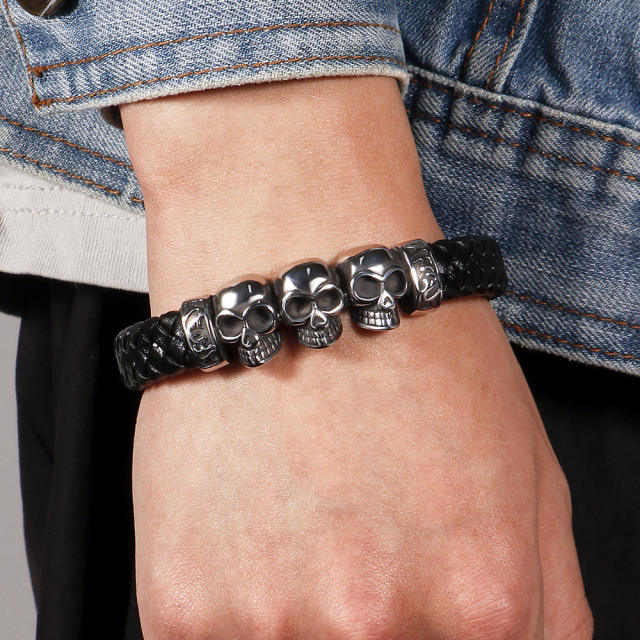 Punk trend skull head pu leather men bracelet