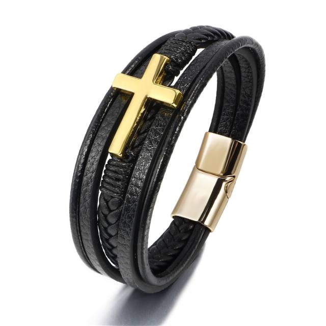 Classic hot sale cross PU leather men bracelet