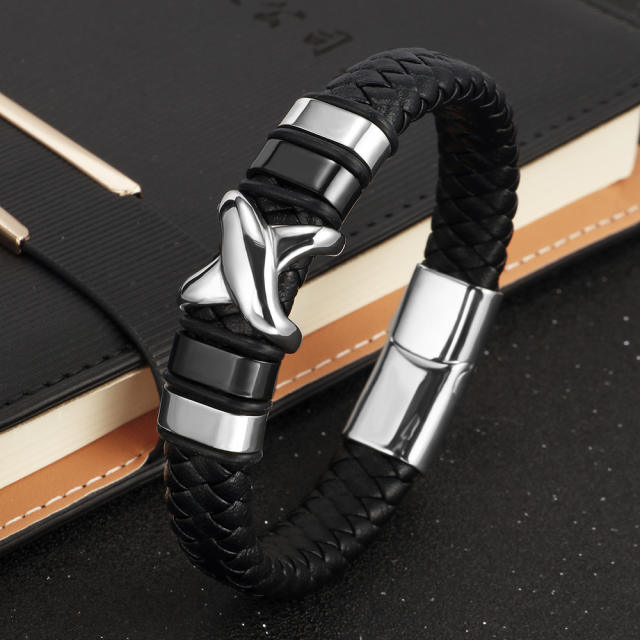 Personality X letter stainless steel PU leather men bracelet