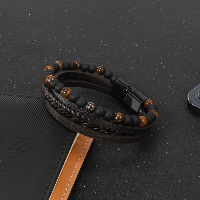 Hot sale natural tiger eye stone bead pu leather multi layer bracelet for men