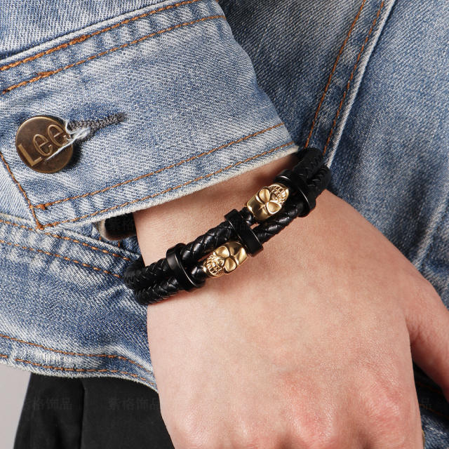 Punk trend stainless steel skull head PU leather men bracelet