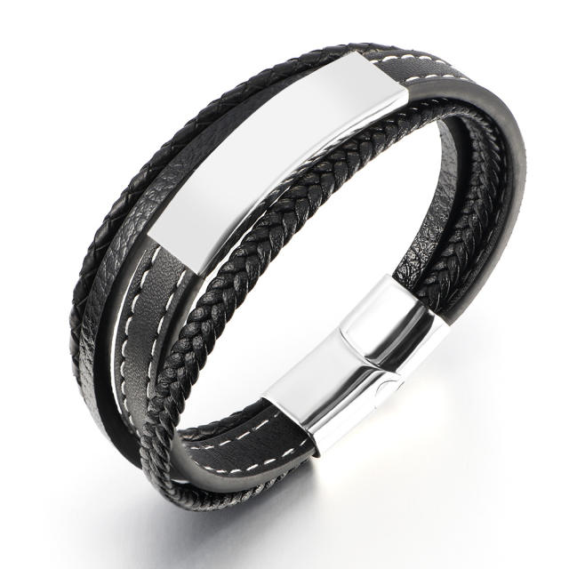 Multi layer pu leather stainless steel plate bracelet for men