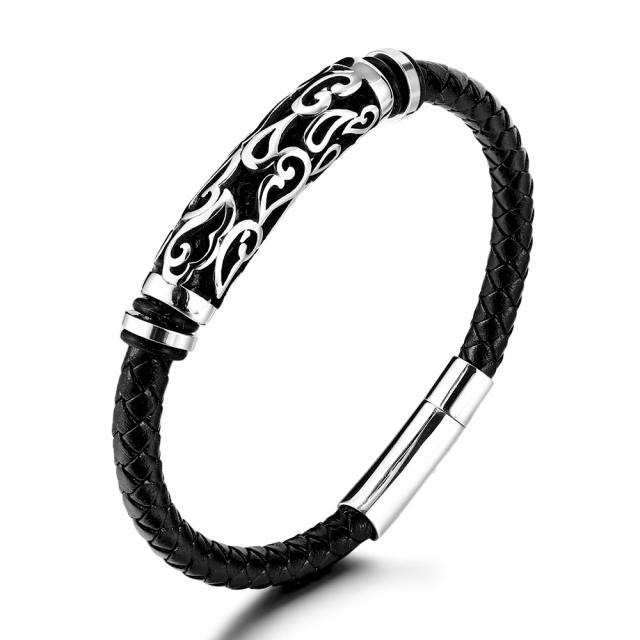 Viking hollow out stainless steel tube PU leather men bracelet