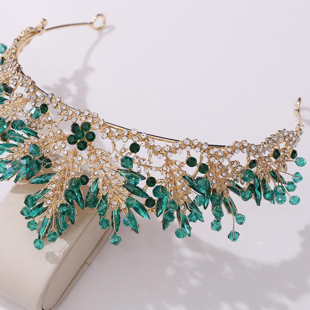 Delicate colorful crystal bead leaf design wedding crown