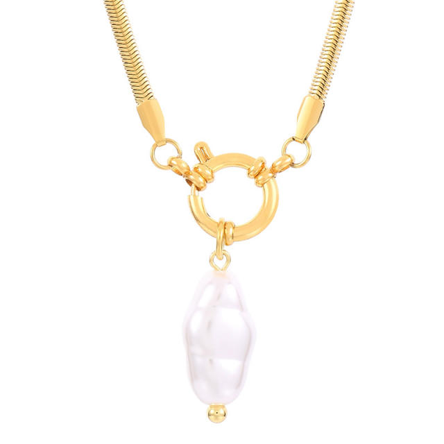Hiphop stainless steel chain baroque pearl pendant necklace