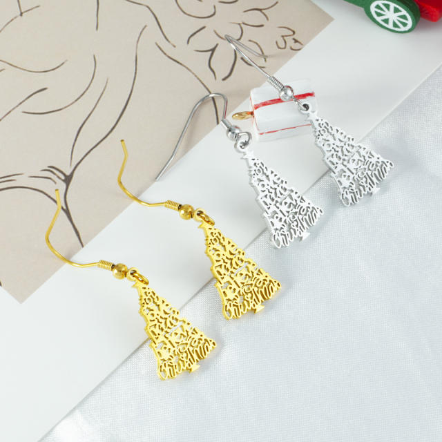 Hollow out christmas tree stainless steel earrings