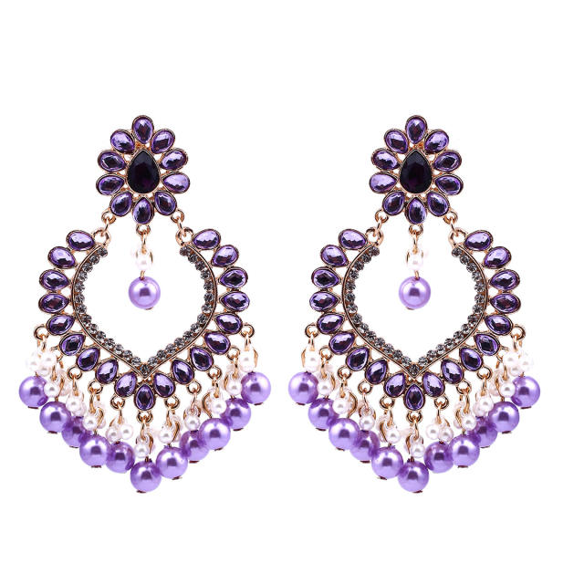 Delicate rhinestone crystal pearl bead tassel dangle earrings