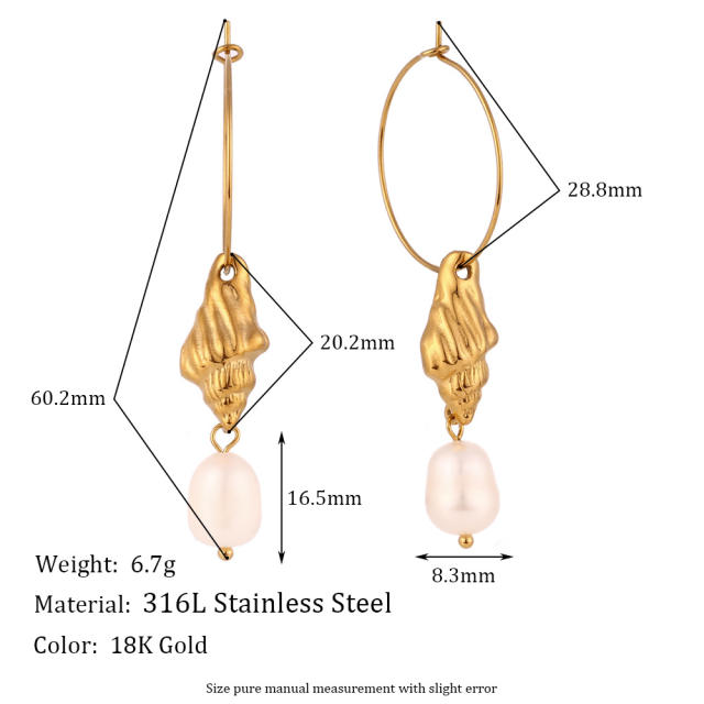 18KG water pearl drop shell design hoop stainless steel earrings rings