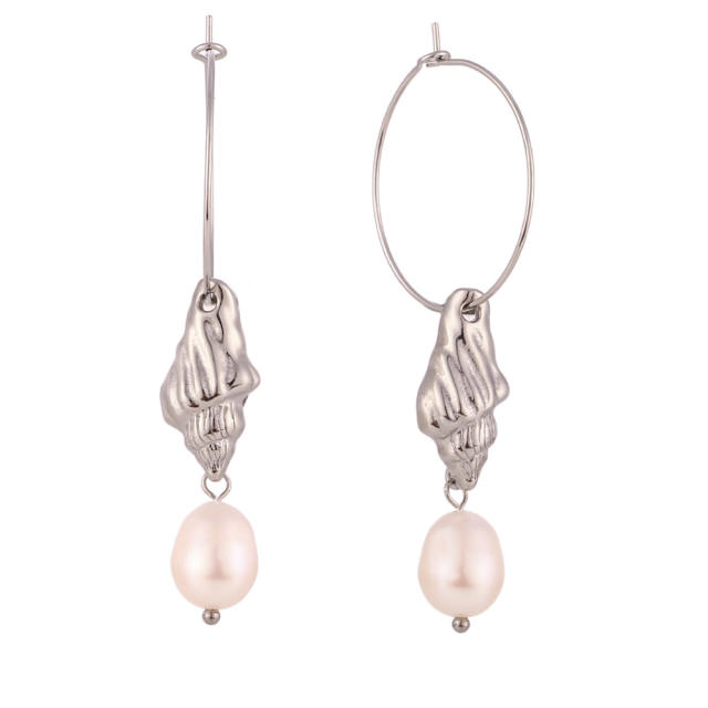 18KG water pearl drop shell design hoop stainless steel earrings rings