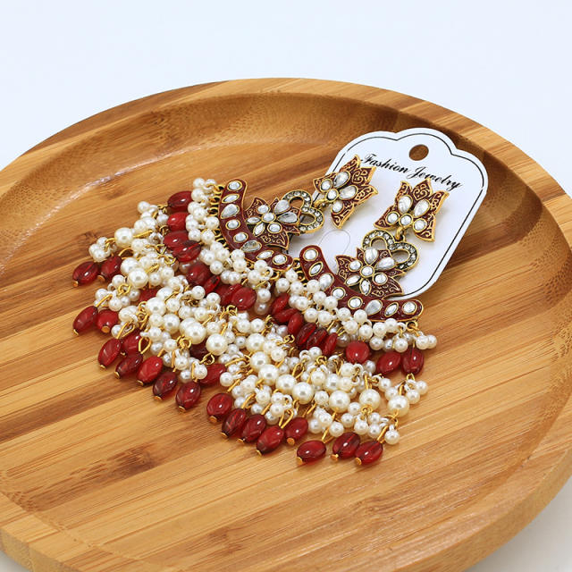 Vintage boho red colorful bead tassel indian earrings
