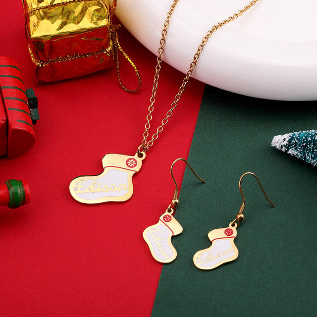 Cute christmas sock pendant stainless steel necklace earrings set