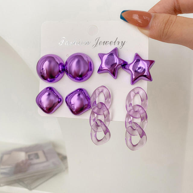925 needle Y2K colorful acrylic chain heart earring set