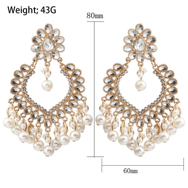 Delicate rhinestone crystal pearl bead tassel dangle earrings