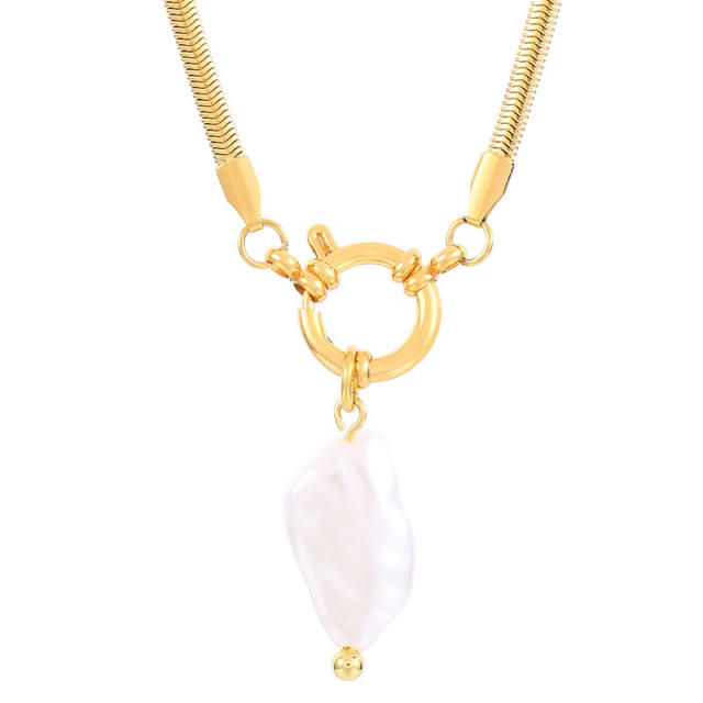 Hiphop stainless steel chain baroque pearl pendant necklace