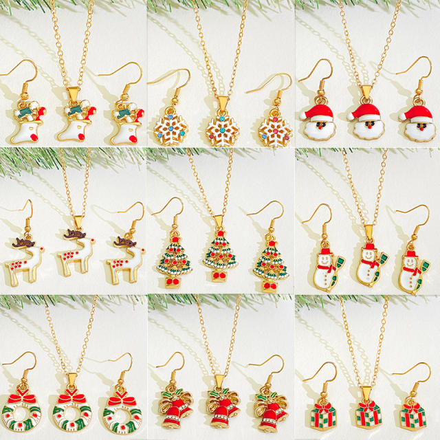 Cute enamel chirstmas bell santa claus christmas tree pendant alloy necklace set