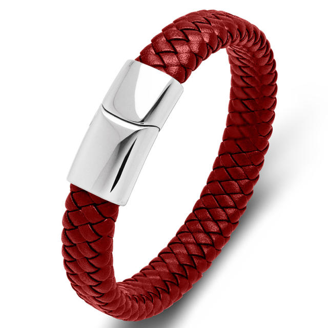 Easy match braid leather stainless steel clasp bracelet for men