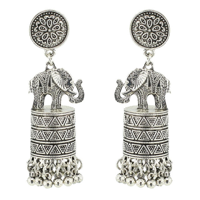 Vintage elephant metal tassel national dangle earrings