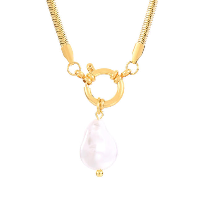 Hiphop stainless steel chain baroque pearl pendant necklace