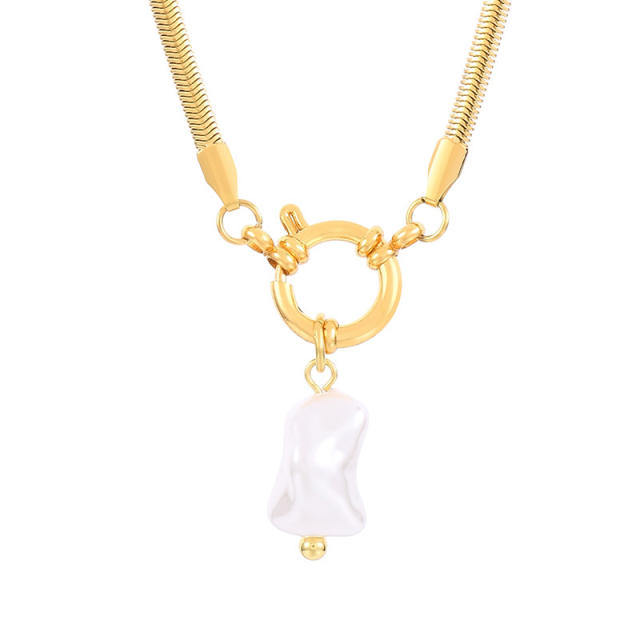 Hiphop stainless steel chain baroque pearl pendant necklace