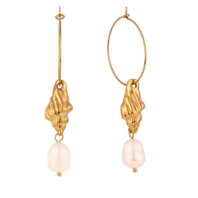 18KG water pearl drop shell design hoop stainless steel earrings rings