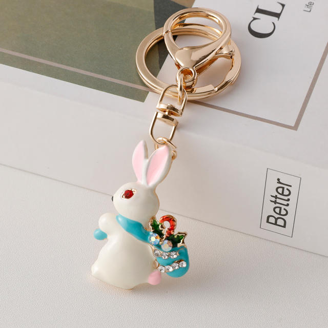Cute enamel snowman christmas tree rabbit metal keychain