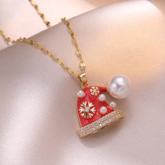 Cute red color enamel christmas hat pendant stainless steel chain necklace