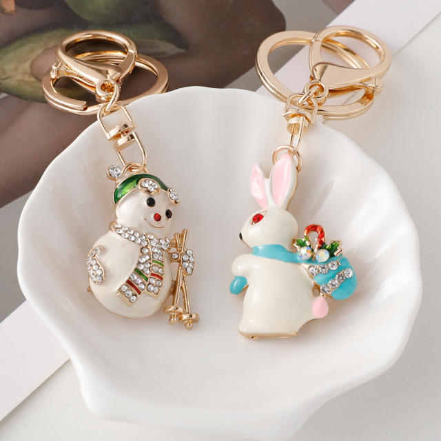 Cute enamel snowman christmas tree rabbit metal keychain