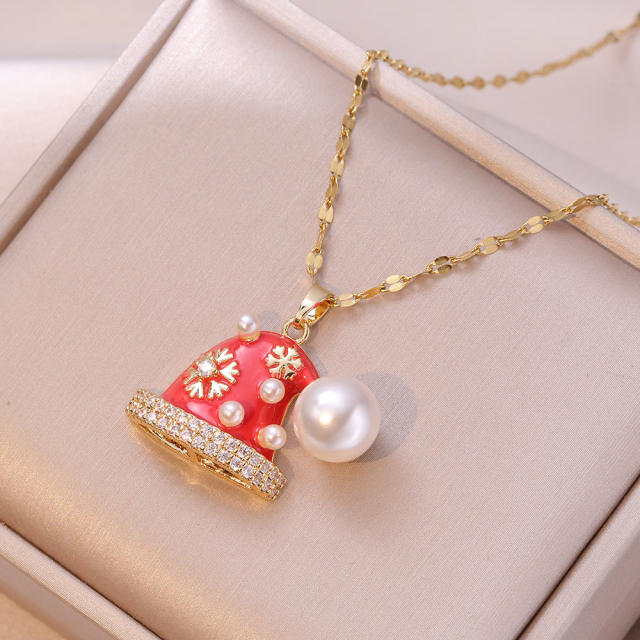 Cute red color enamel christmas hat pendant stainless steel chain necklace