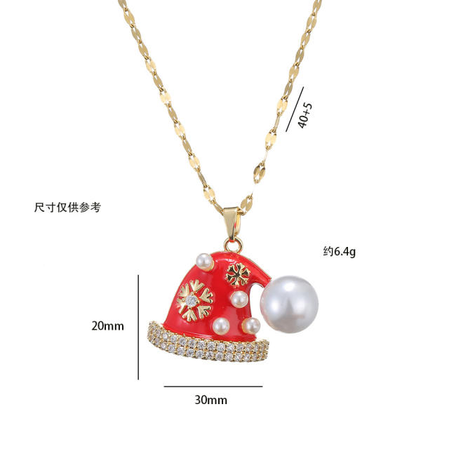 Cute red color enamel christmas hat pendant stainless steel chain necklace