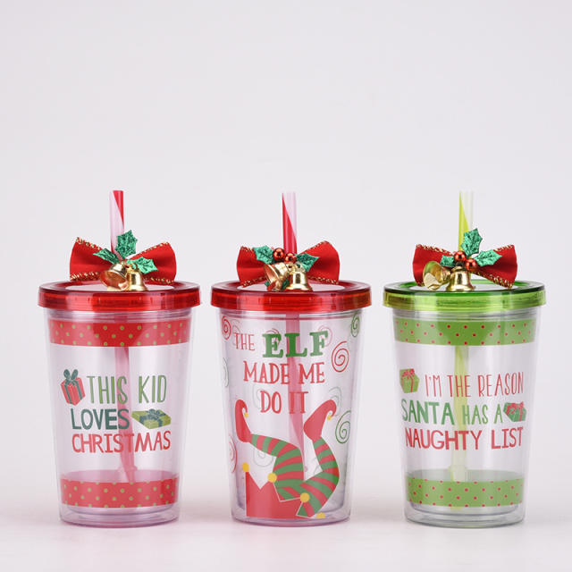 Merry christmas gift two layer plastic cups with straws