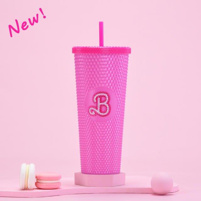 710ml creative barbie pink large capacity plastic bottle with straws