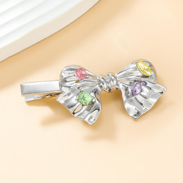 Y2K silver color bow rhinestone hair clips for women