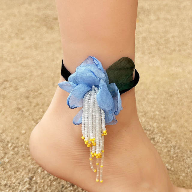 Boho yellow color flower handmade black elastic anklet