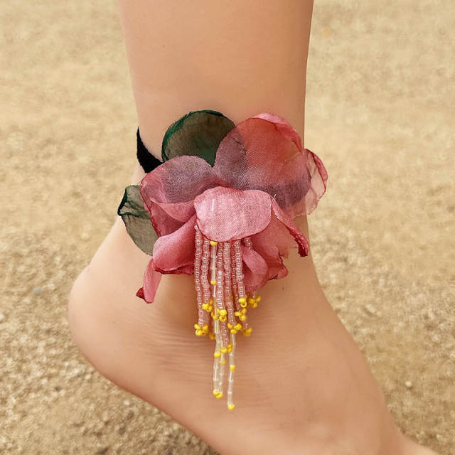 Boho yellow color flower handmade black elastic anklet