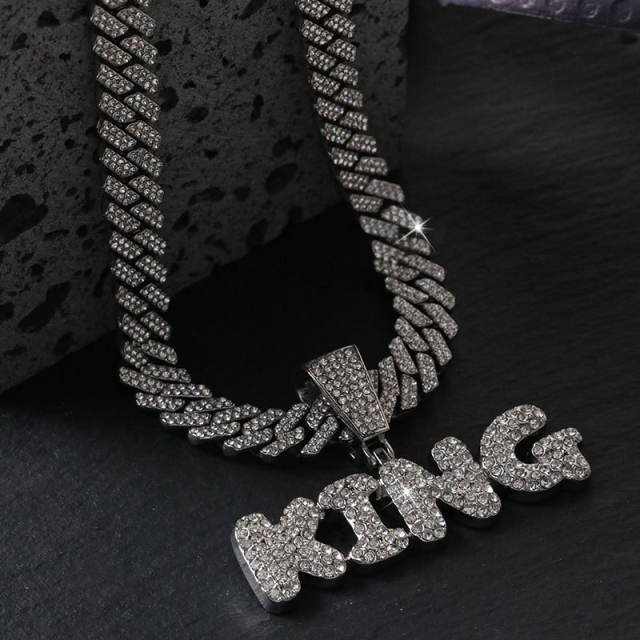 Hiphop ice out king letter pendant diamond necklace for men