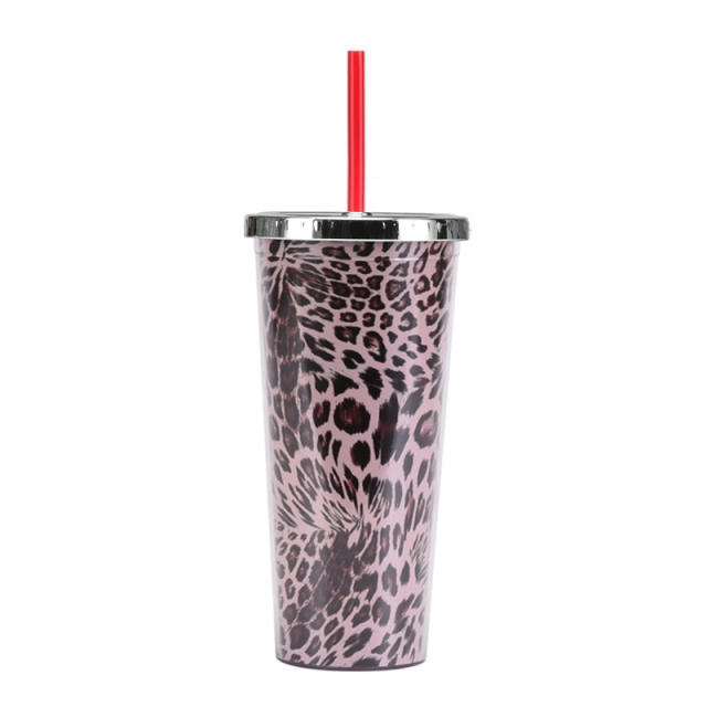 24oz leopard grain pattern Portable cups with straws