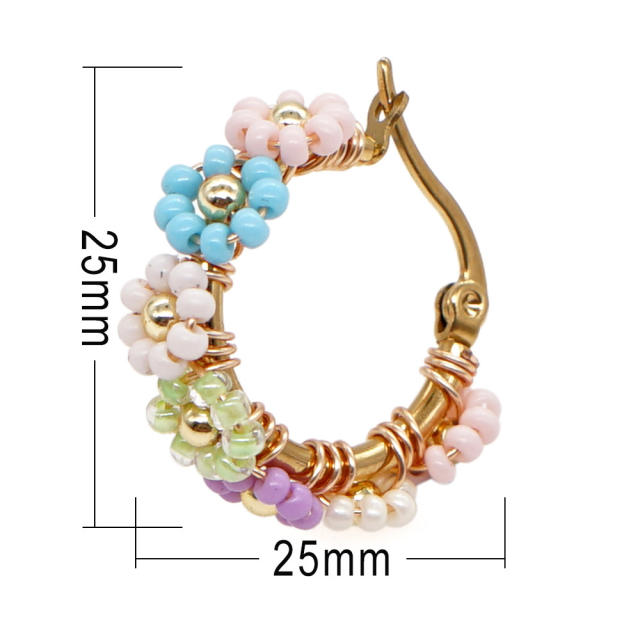 Boho colorful bead braid flower hoop earrings for women