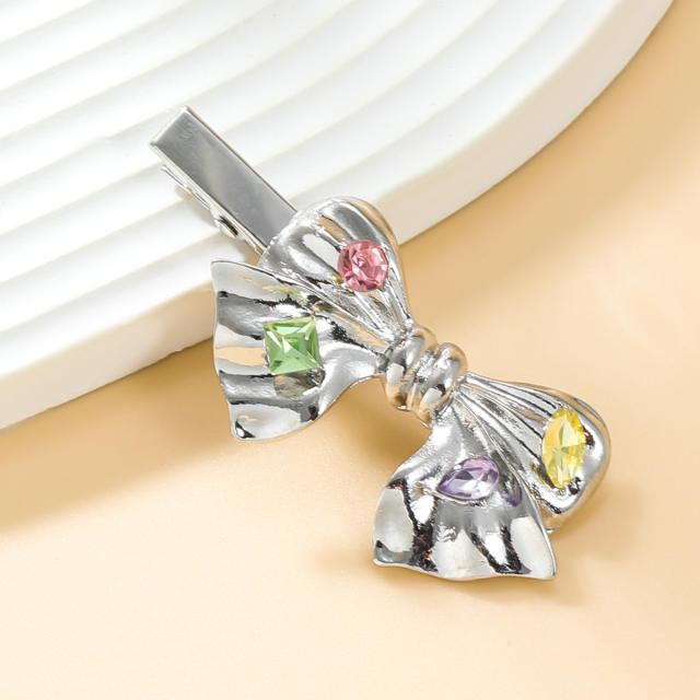 Y2K silver color bow rhinestone hair clips for women