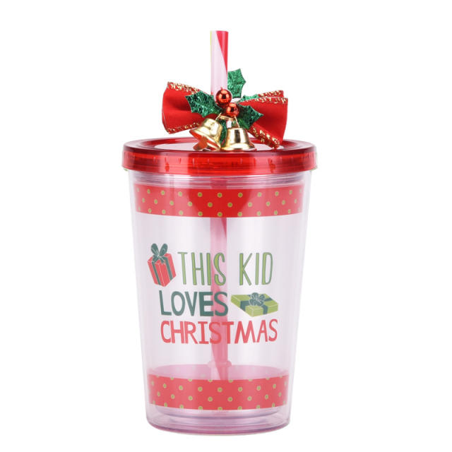 Merry christmas gift two layer plastic cups with straws