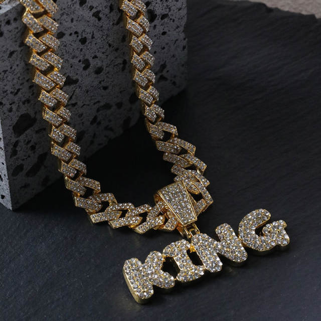 Hiphop ice out king letter pendant diamond necklace for men