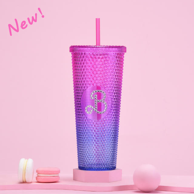 710ml creative barbie pink large capacity plastic bottle with straws